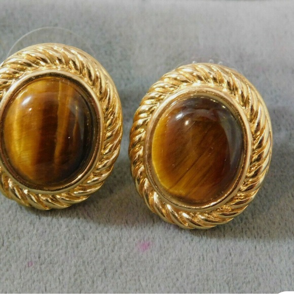 Vintage ROMAN Tiger’s Eye Brown Stone Earrings - Picture 1 of 3